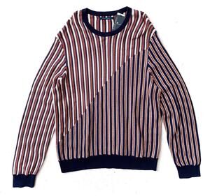 Perry Ellis Sweater Long Sleeve Diagonal Stirpe Woven Knit 100% Cotton XXL